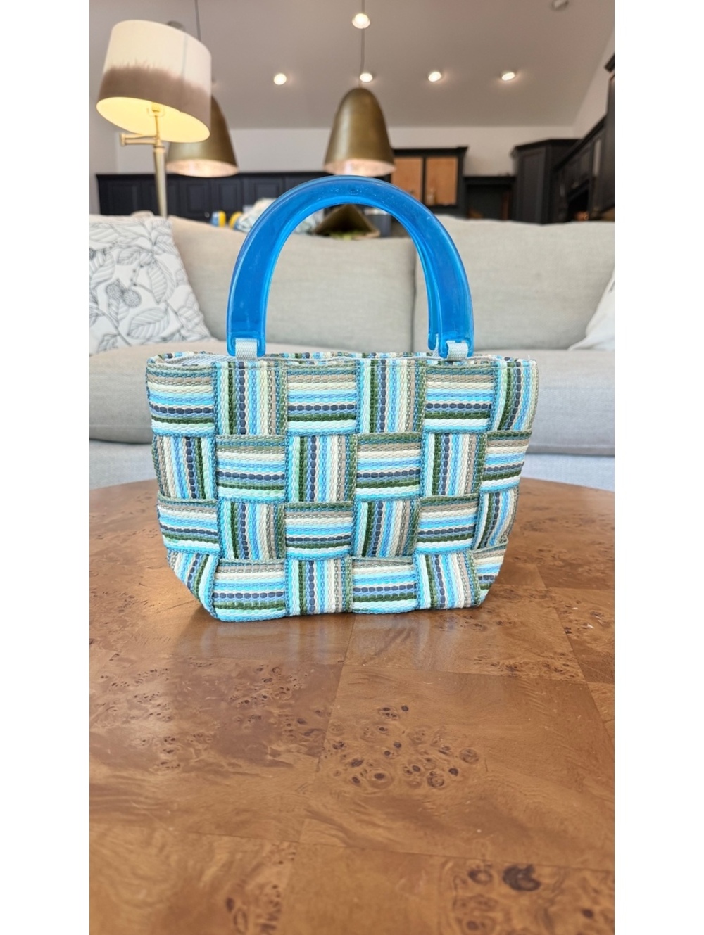 M&G Bertini Italian Woven Striped Handbag with Blue Acrylic Handles